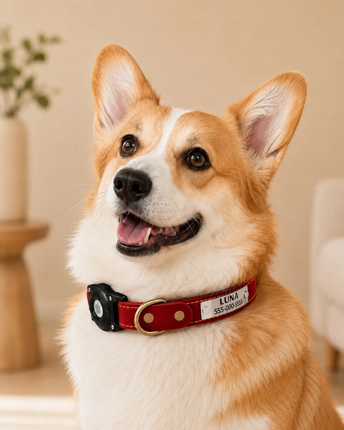 Corgi wearing a CEMULA personalized recovery collar with an integrated laser-engraved ID plate and AirTag holder