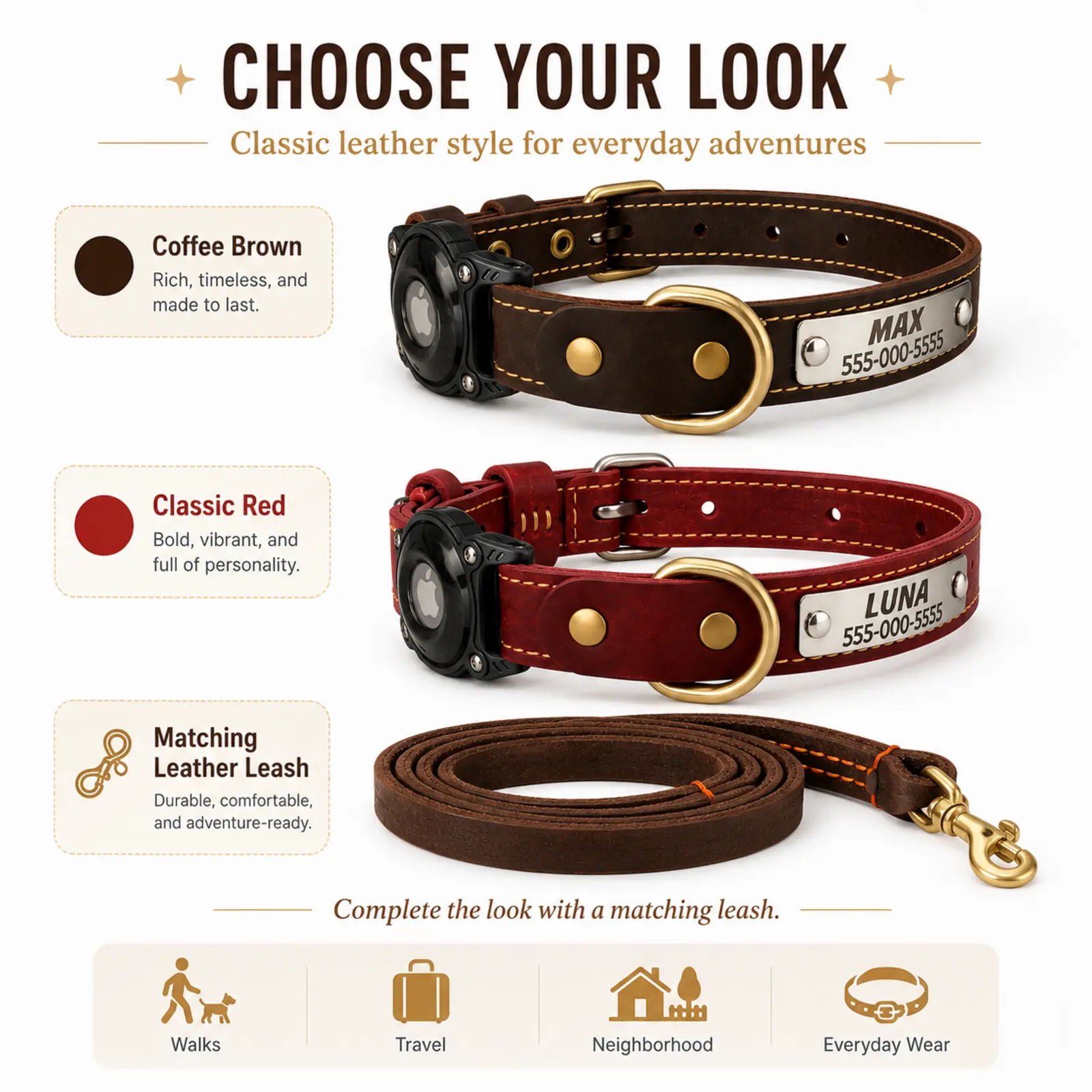 Coffee brown and classic red leather collar colors with the coffee leather leash