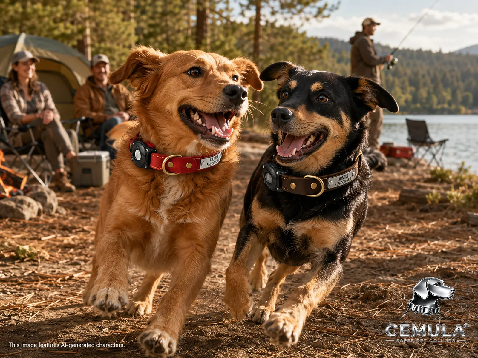 Two dogs wearing burgundy and coffee CEMULA leather recovery collars outdoors