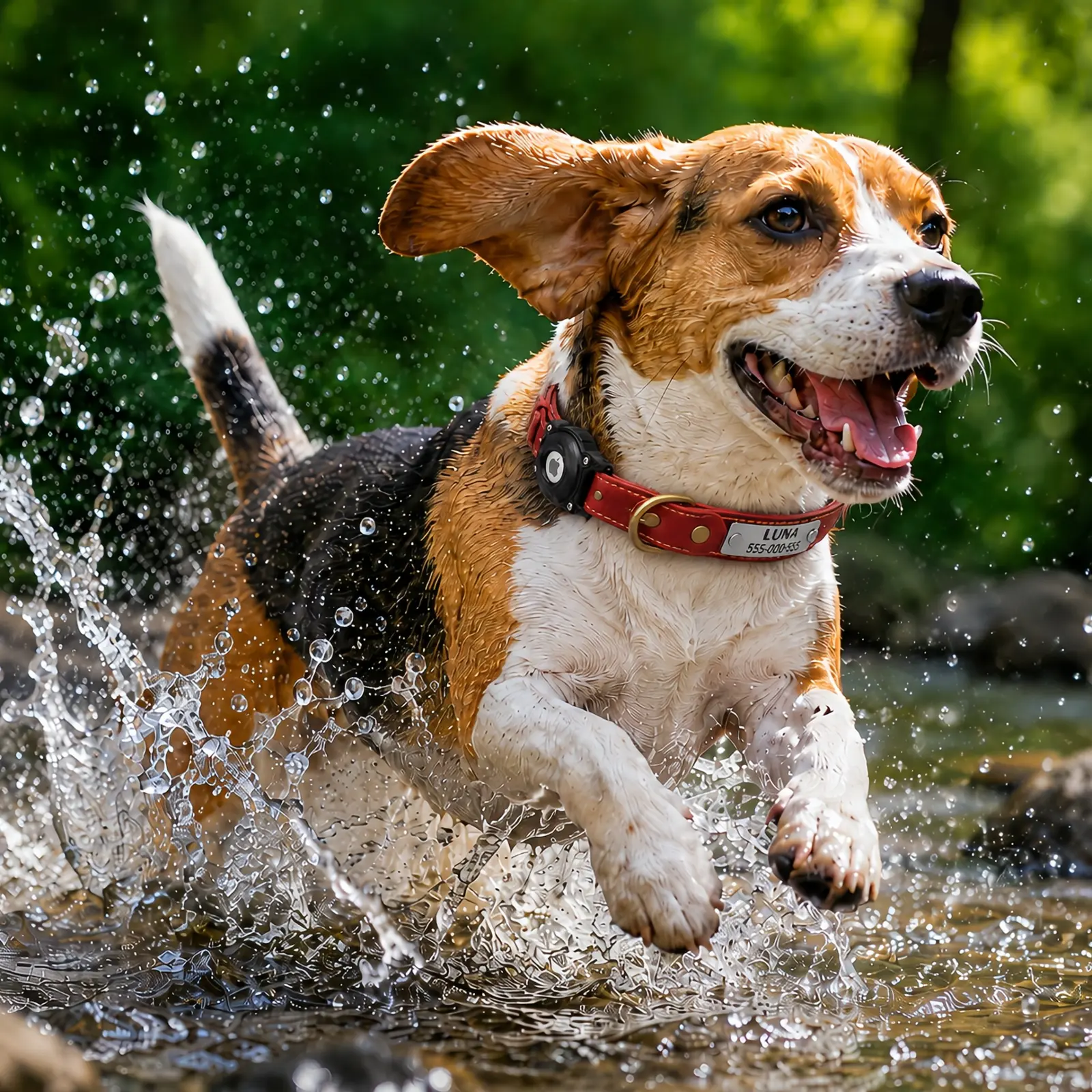 Dog wearing a burgundy CEMULA genuine leather recovery collar while running through water outdoors