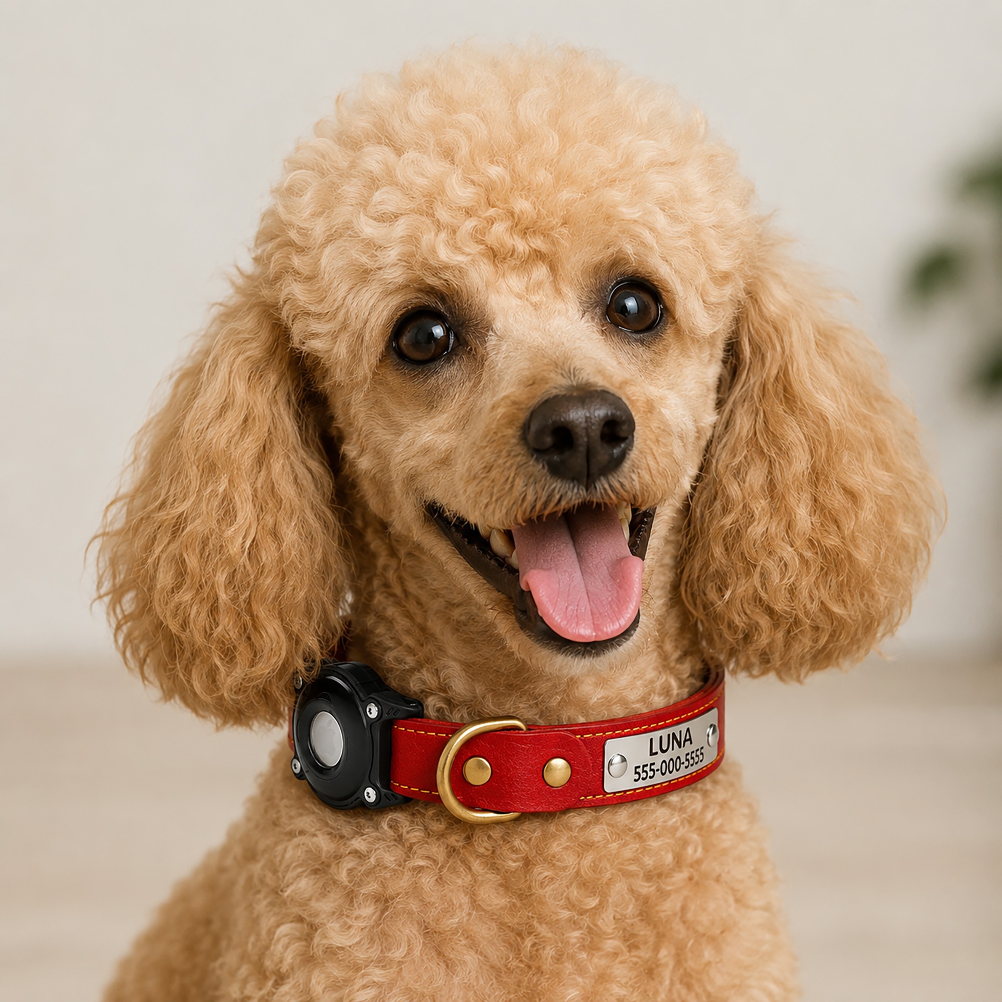Poodle wearing a red CEMULA genuine leather recovery collar with engraved ID plate and integrated AirTag holder