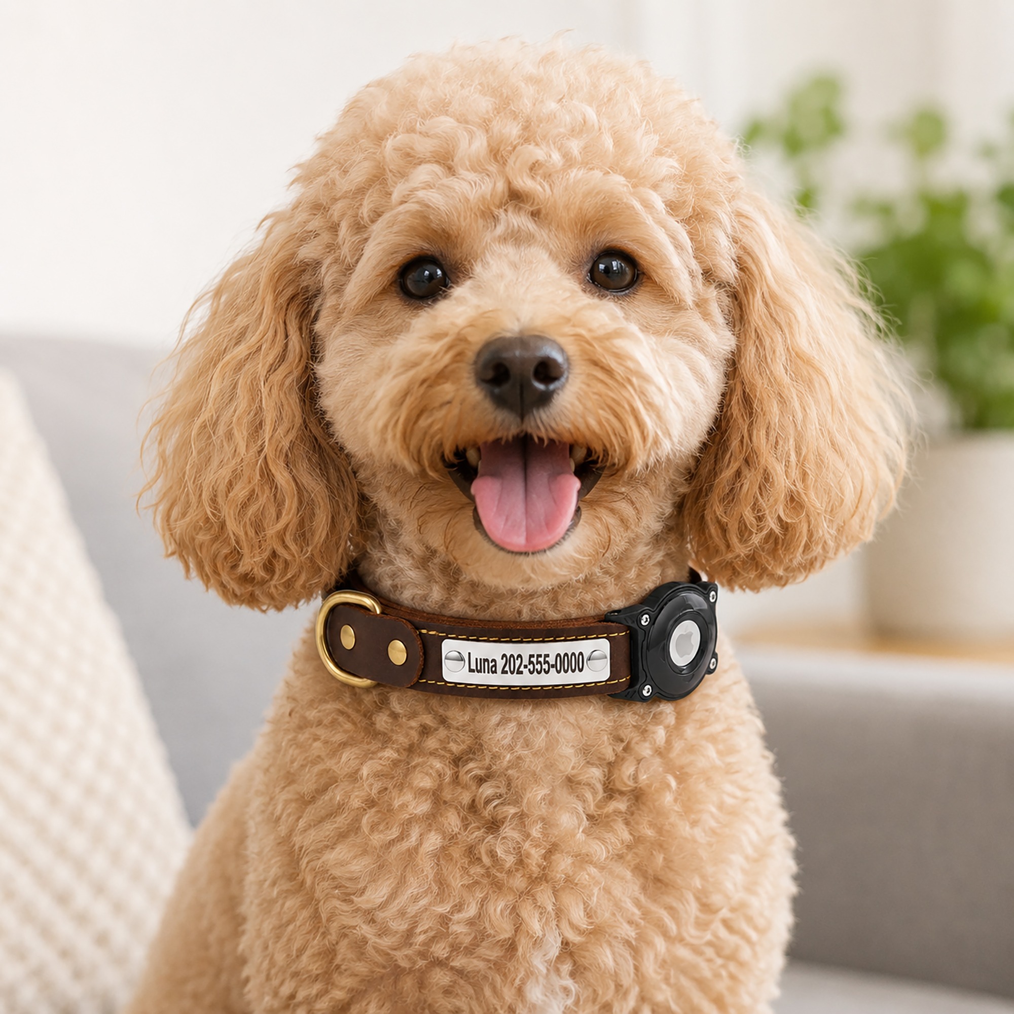 Poodle wearing a coffee CEMULA genuine leather recovery collar with engraved ID plate and integrated AirTag holder