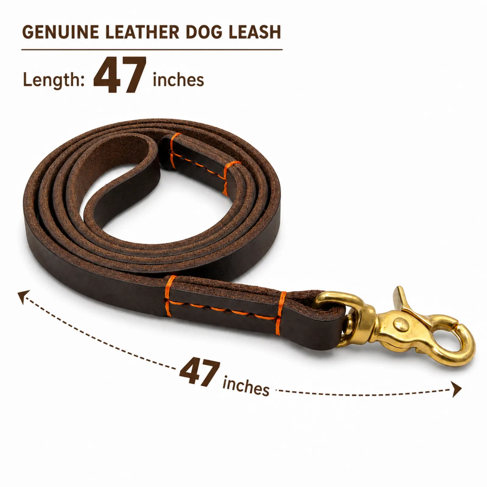 47-inch coffee brown genuine leather leash with brass snap hook