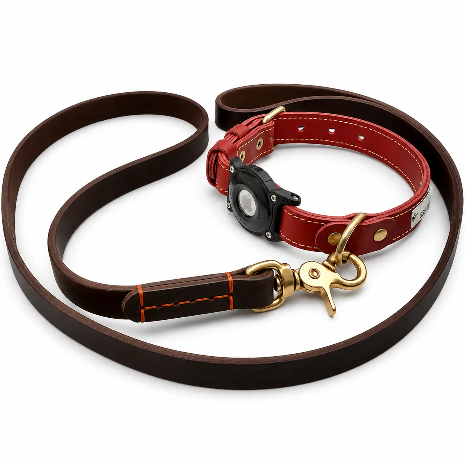 Burgundy CEMULA genuine leather recovery collar with integrated AirTag holder and matching 47-inch coffee leather leash