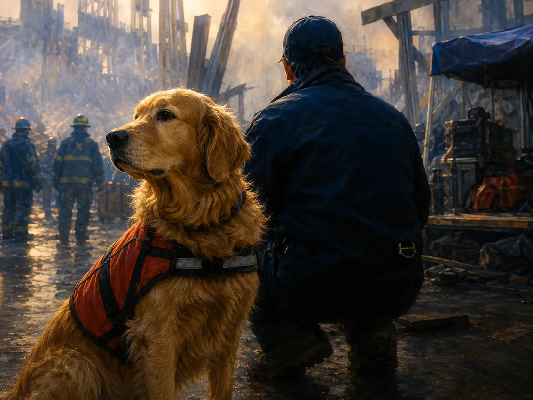 Interpretive memorial artwork of search and rescue dog Bretagne at Ground Zero