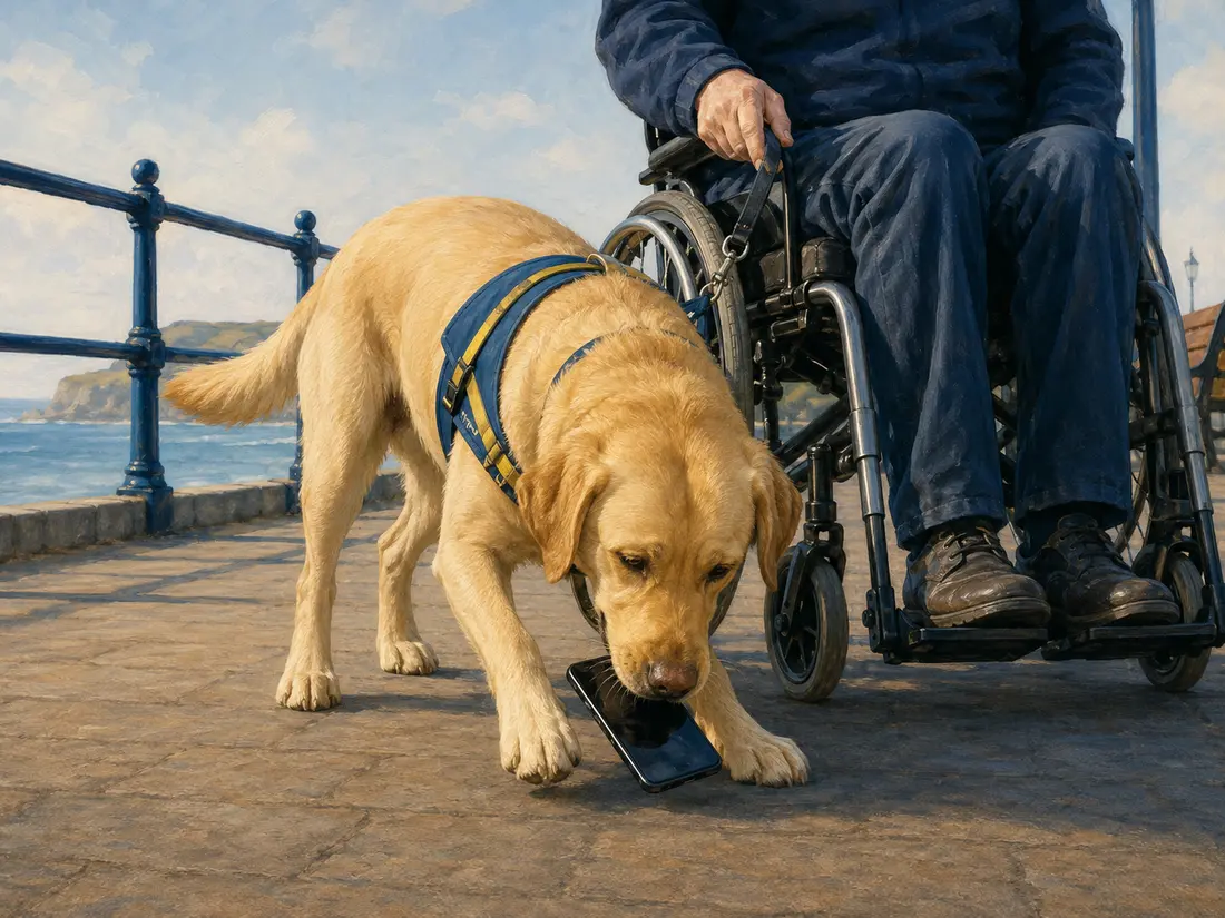 Interpretive memorial artwork of assistance dog Endal retrieving a telephone