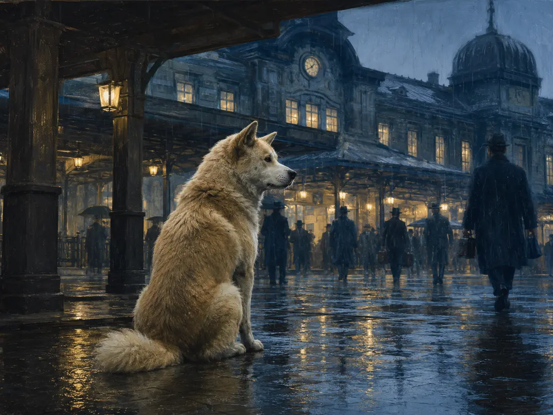 Interpretive memorial artwork of Hachiko waiting at a Tokyo railway station
