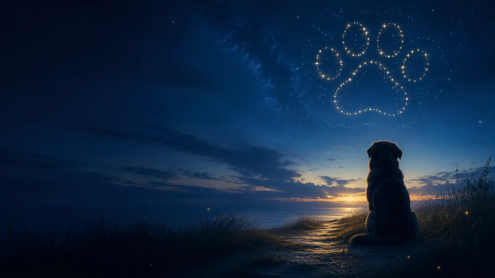 A dog beneath a paw-shaped constellation in CEMULA memorial artwork