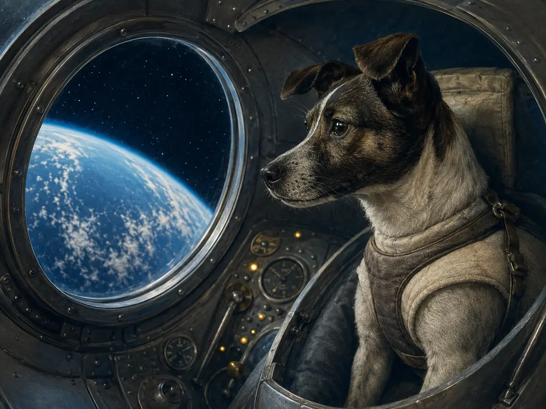 Interpretive memorial artwork of Laika looking toward Earth from a spacecraft