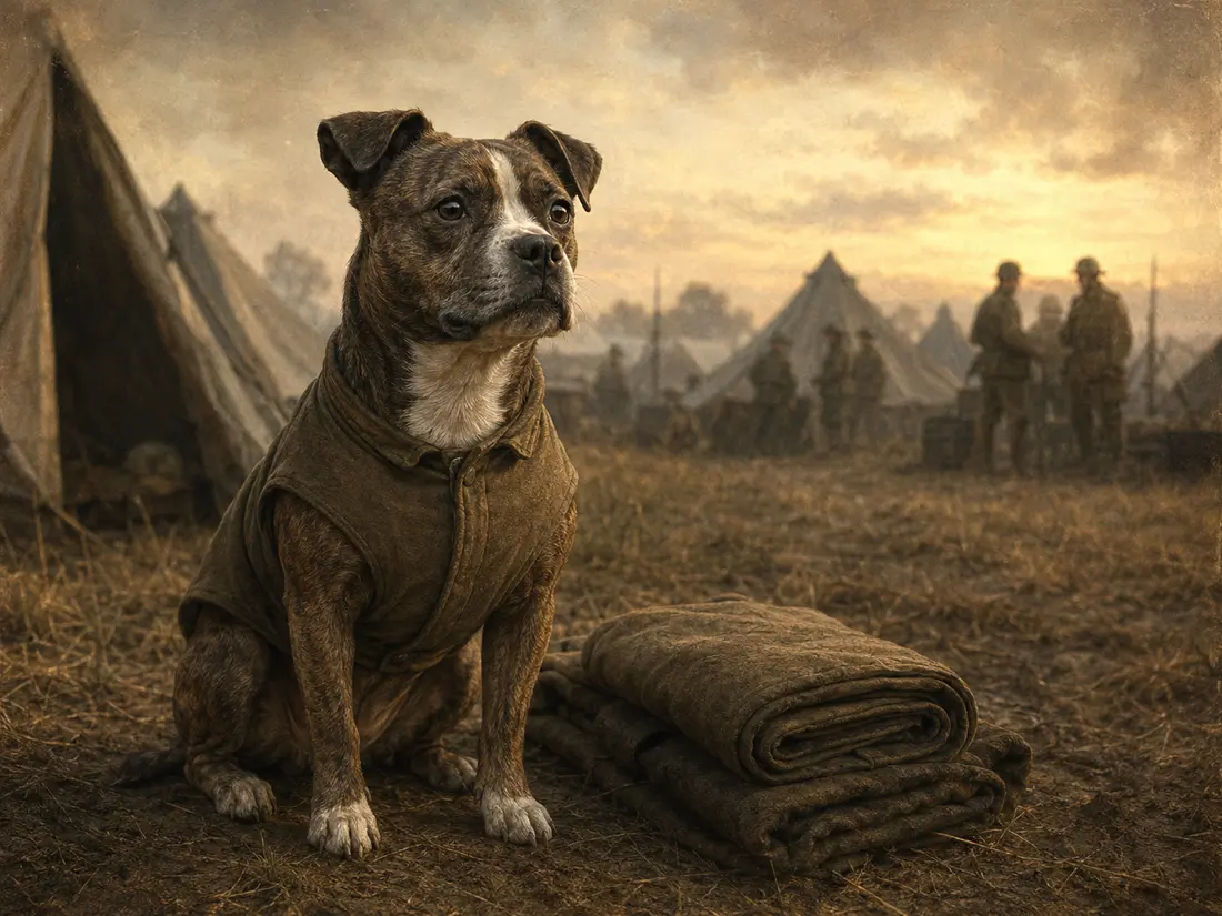 Interpretive memorial artwork of Sergeant Stubby in a First World War field camp