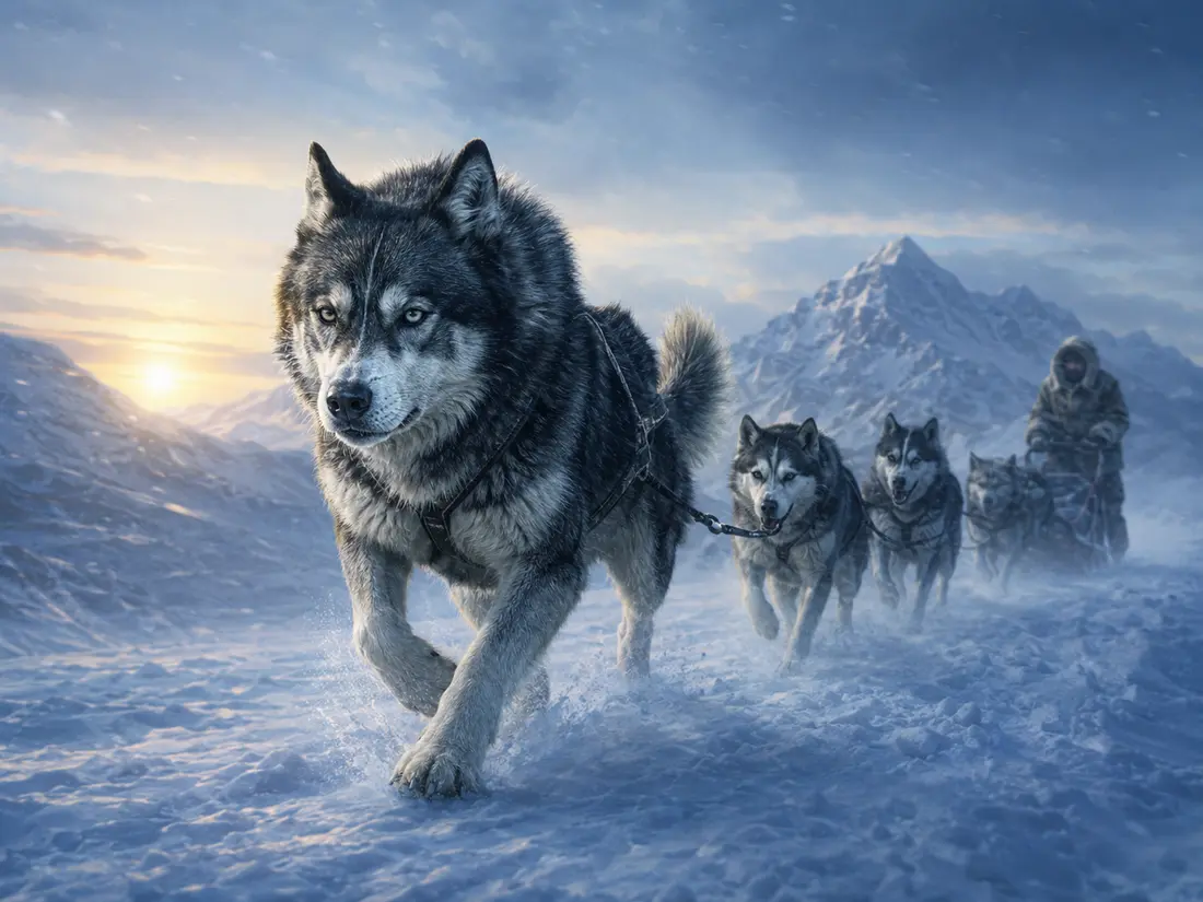 Interpretive memorial artwork of sled dog Togo leading a team through Alaska