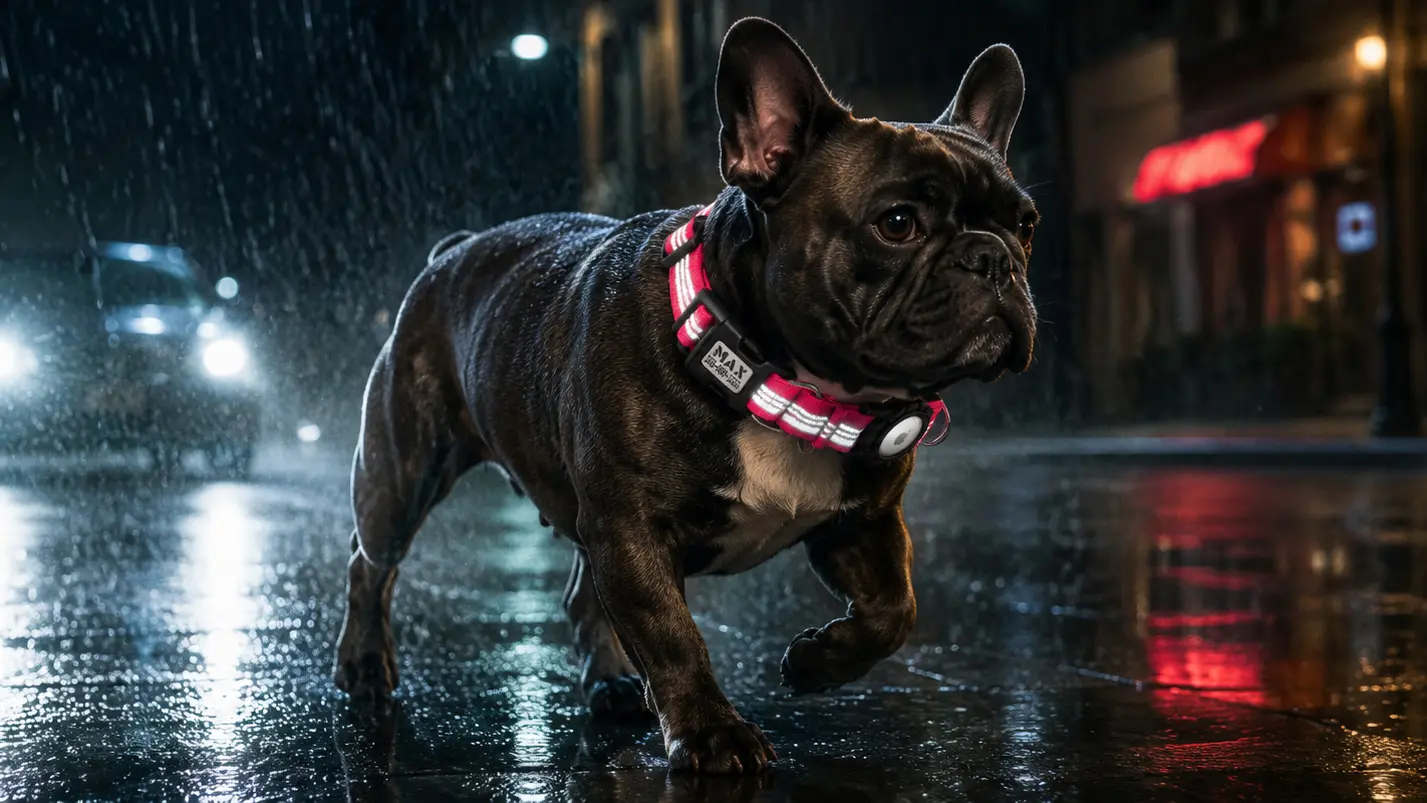 French Bulldog wearing a neon pink reflective CEMULA nylon recovery collar at night