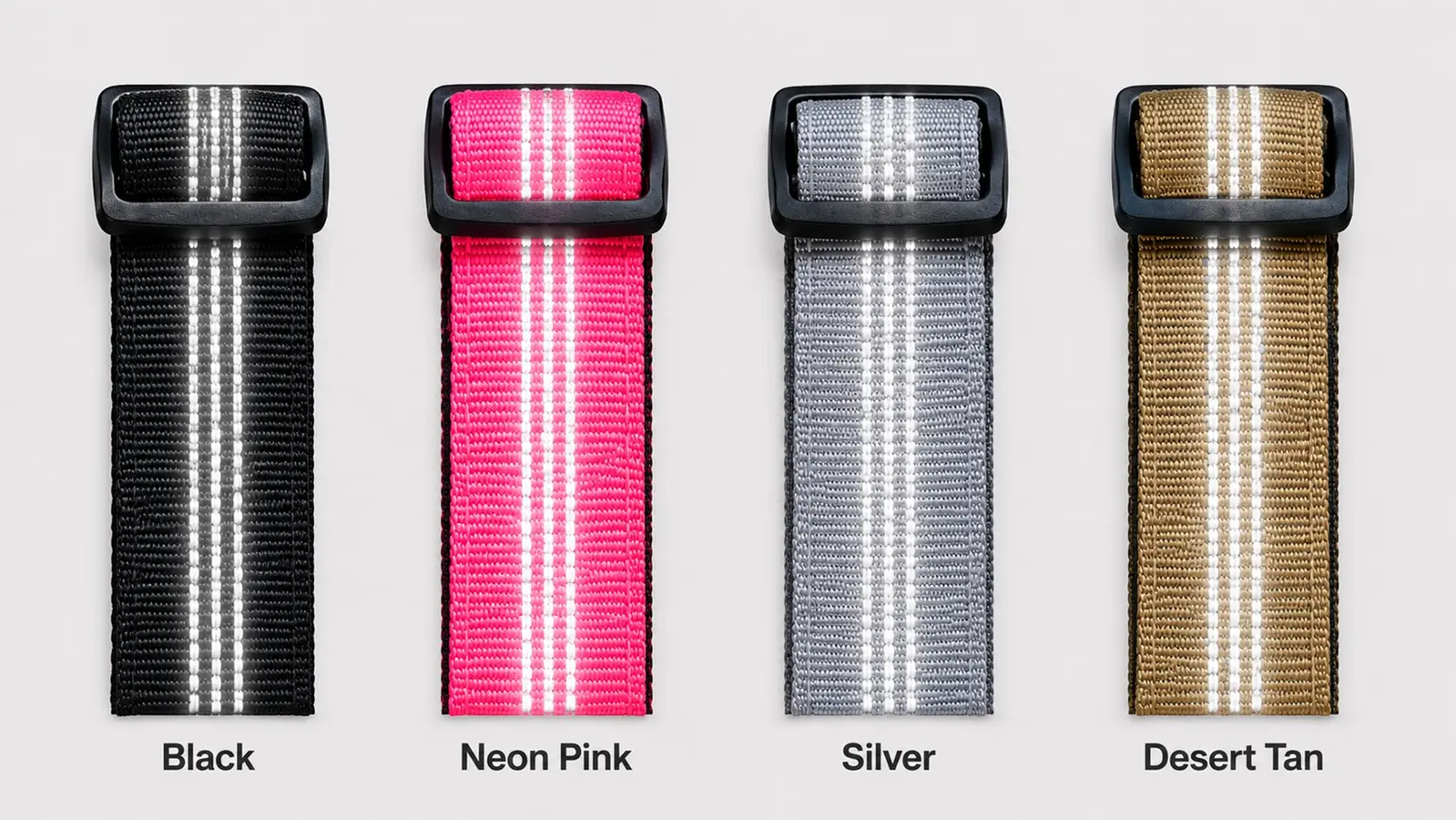 Black, Neon Pink, Silver, and Desert Tan CEMULA reflective nylon collar straps