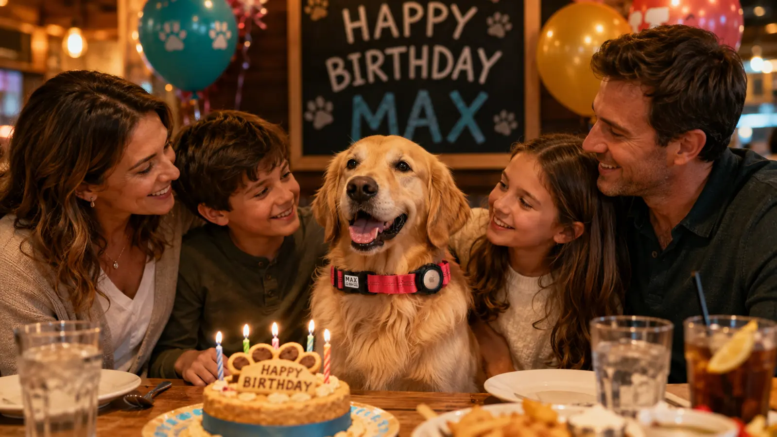 Golden Retriever wearing a personalized CEMULA nylon recovery collar during a family birthday celebration