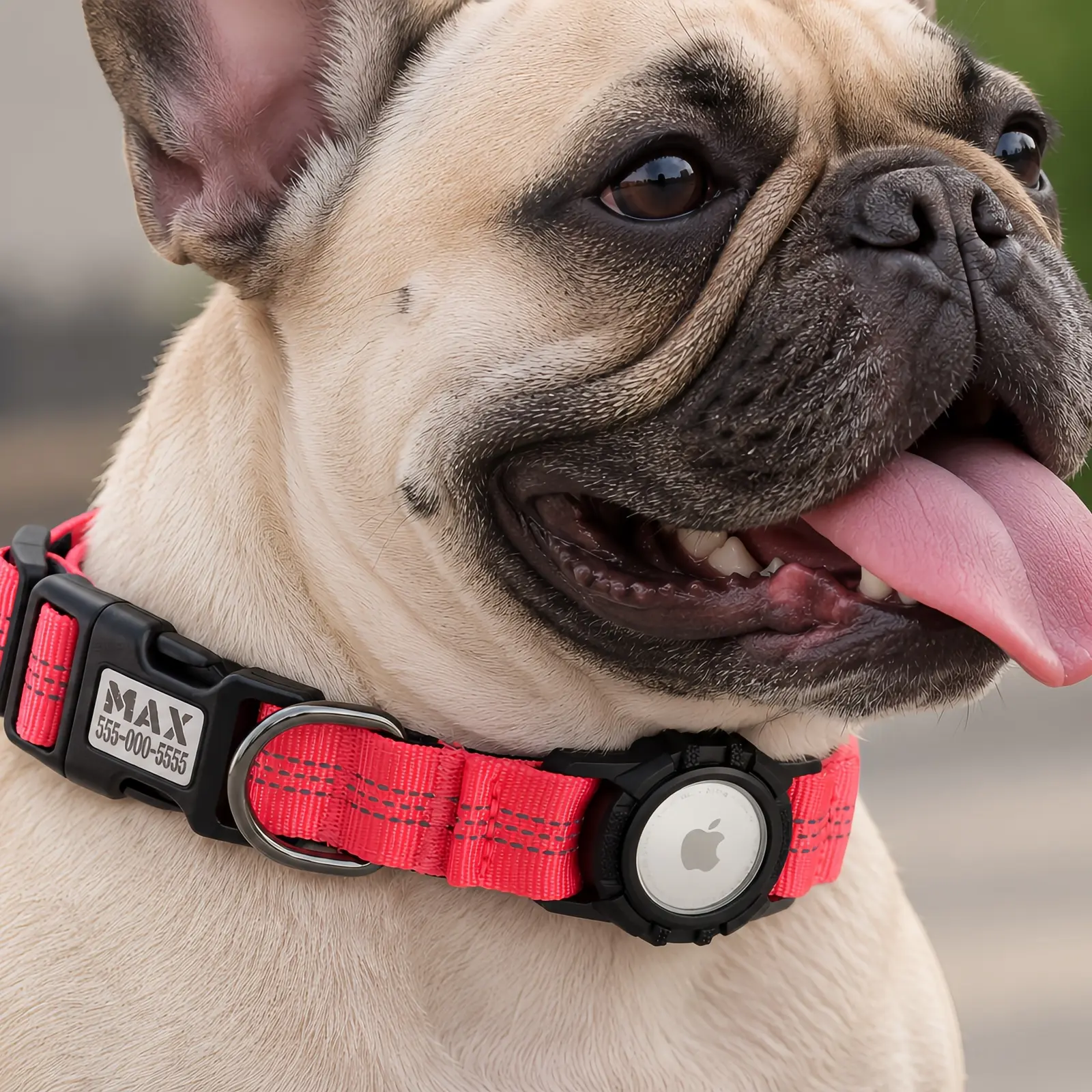 French Bulldog wearing a neon pink CEMULA personalized nylon recovery collar