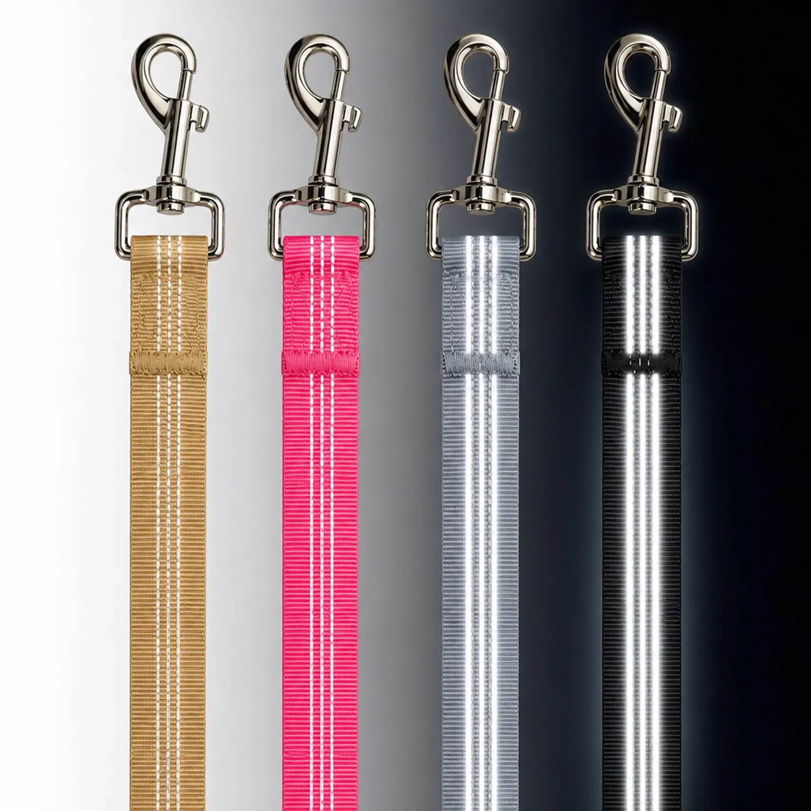 Black, Neon Pink, Silver, and Desert Tan CEMULA reflective nylon leash straps
