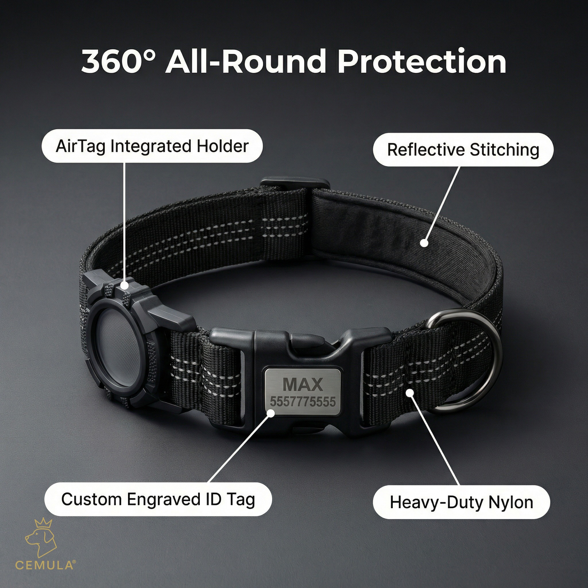 Black CEMULA nylon recovery collar showing integrated AirTag holder, reflective stitching, engraved ID plate, and heavy-duty nylon