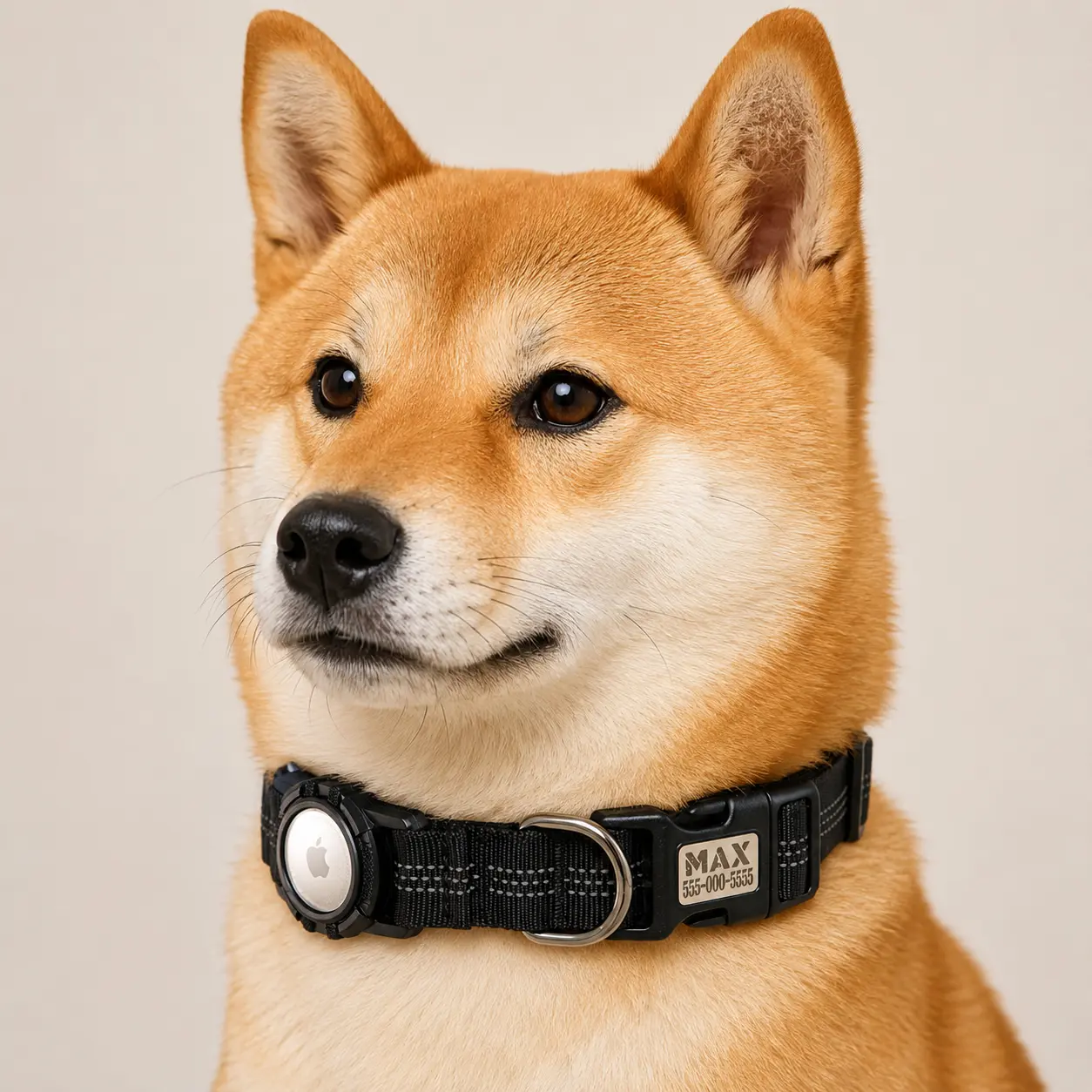 Shiba Inu wearing a black CEMULA personalized nylon recovery collar
