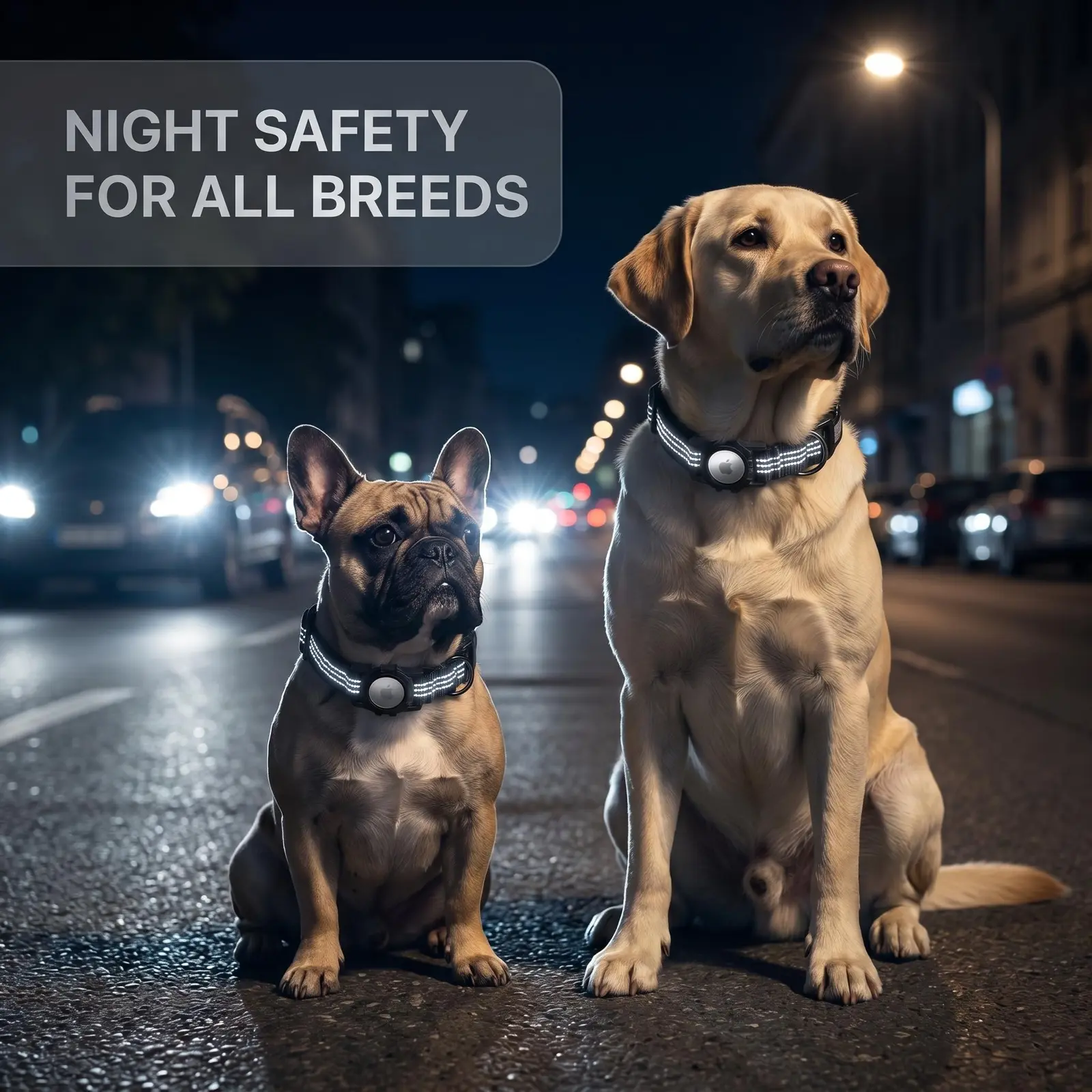 Dogs wearing reflective CEMULA nylon recovery collars during a nighttime walk