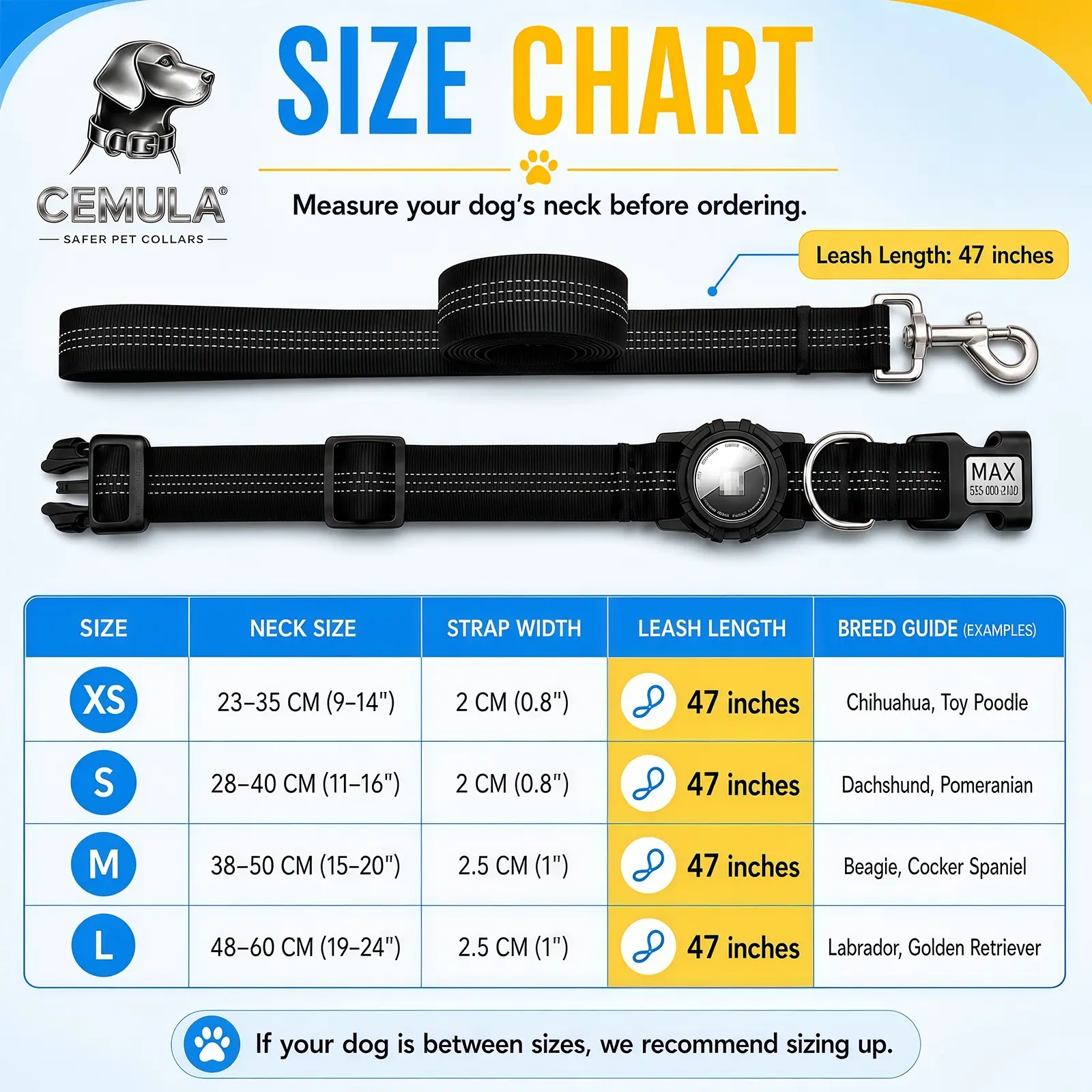 CEMULA personalized nylon collar size chart with XS through L neck sizes and 47-inch leash length