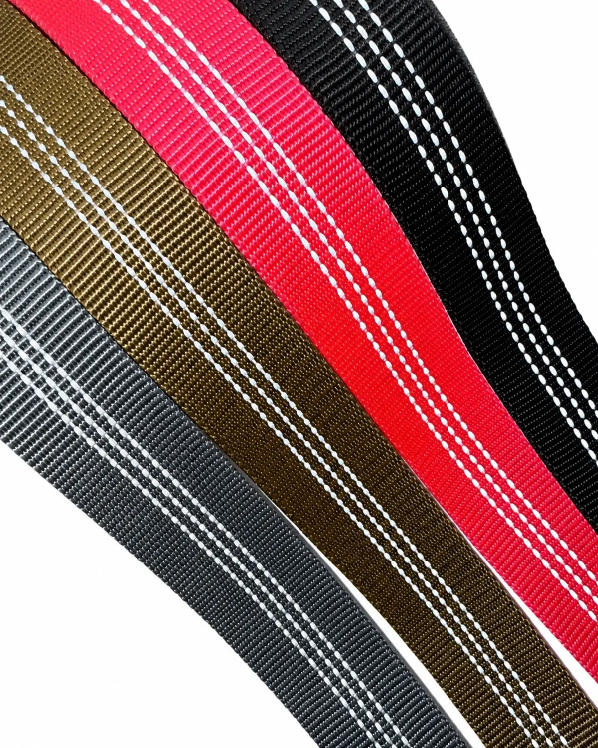 Black, Neon Pink, Silver, and Desert Tan reflective nylon leash webbing