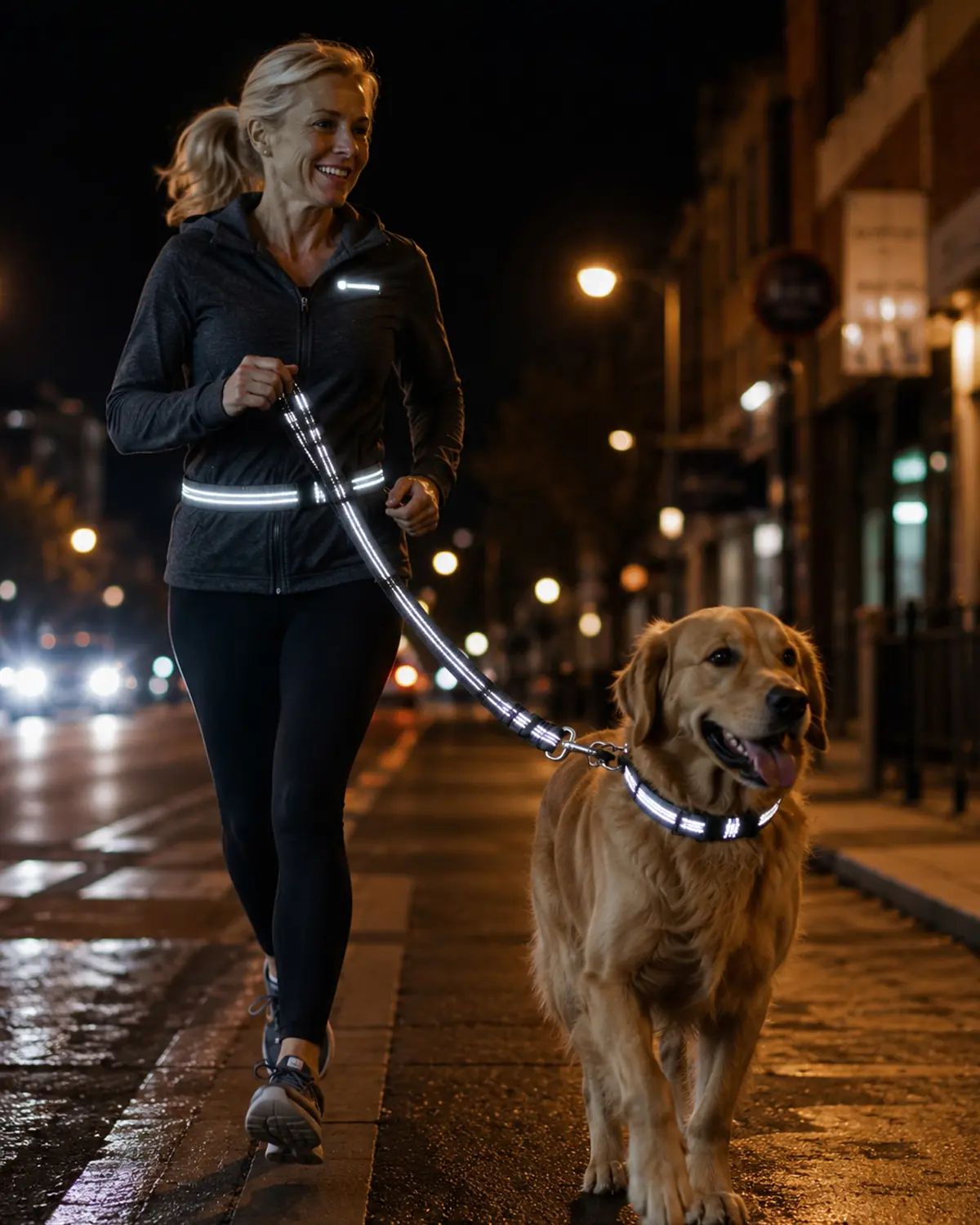Person walking a Golden Retriever with a reflective collar and leash at night