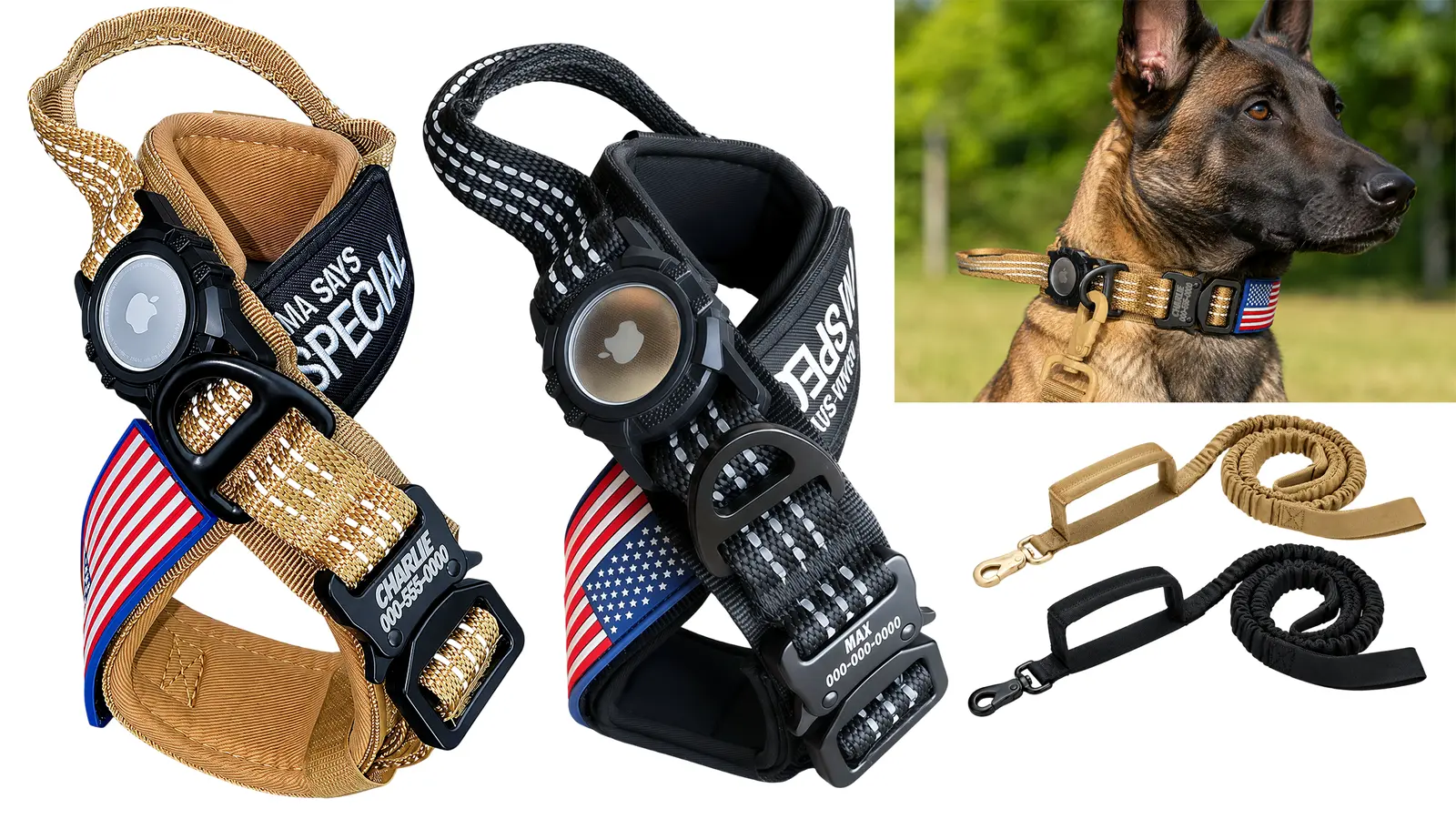 Desert tan and black tactical collars with their matching leashes