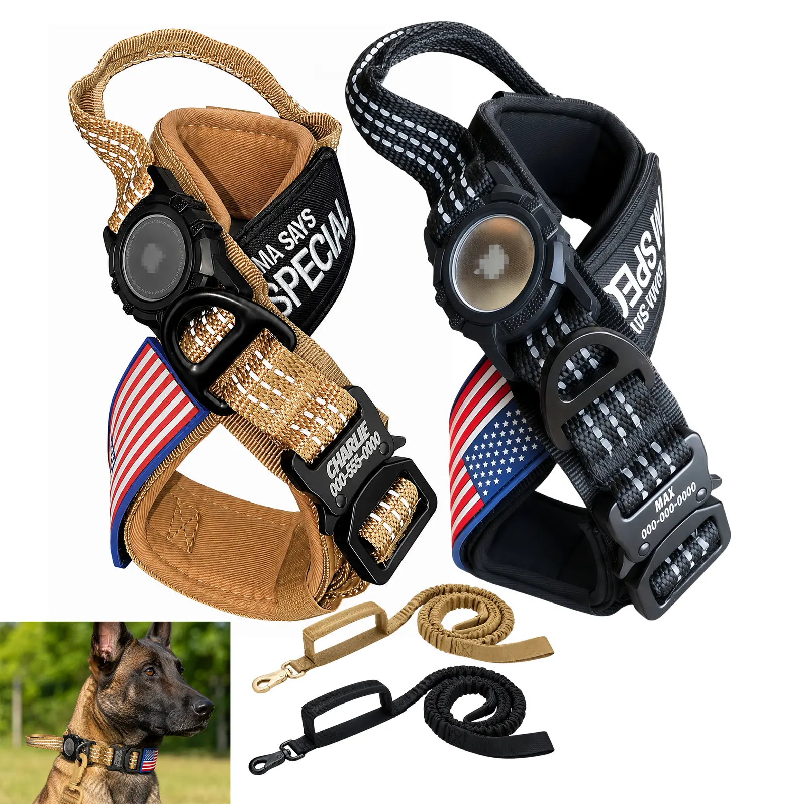 CEMULA tactical collar and 44.5-inch leash set in desert tan and black