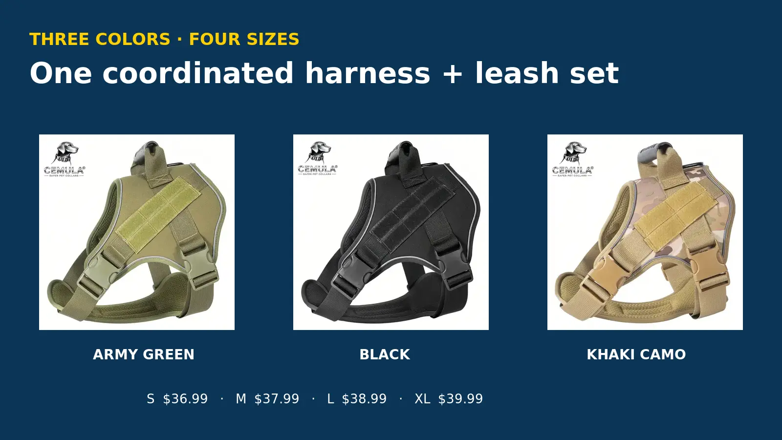 Three tactical harness colors and four size prices