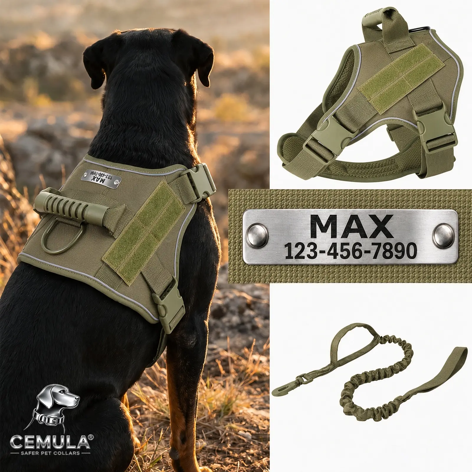 CEMULA Army Green personalized tactical dog harness and leash set