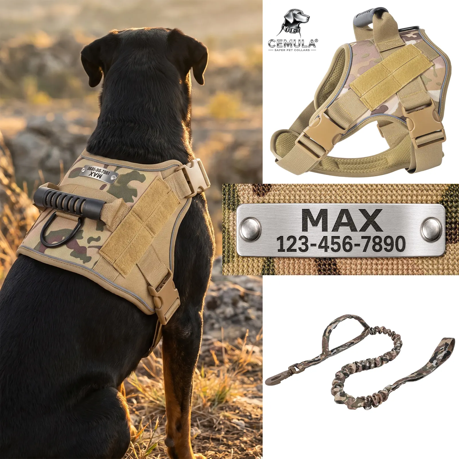 Khaki Camo tactical harness and leash set