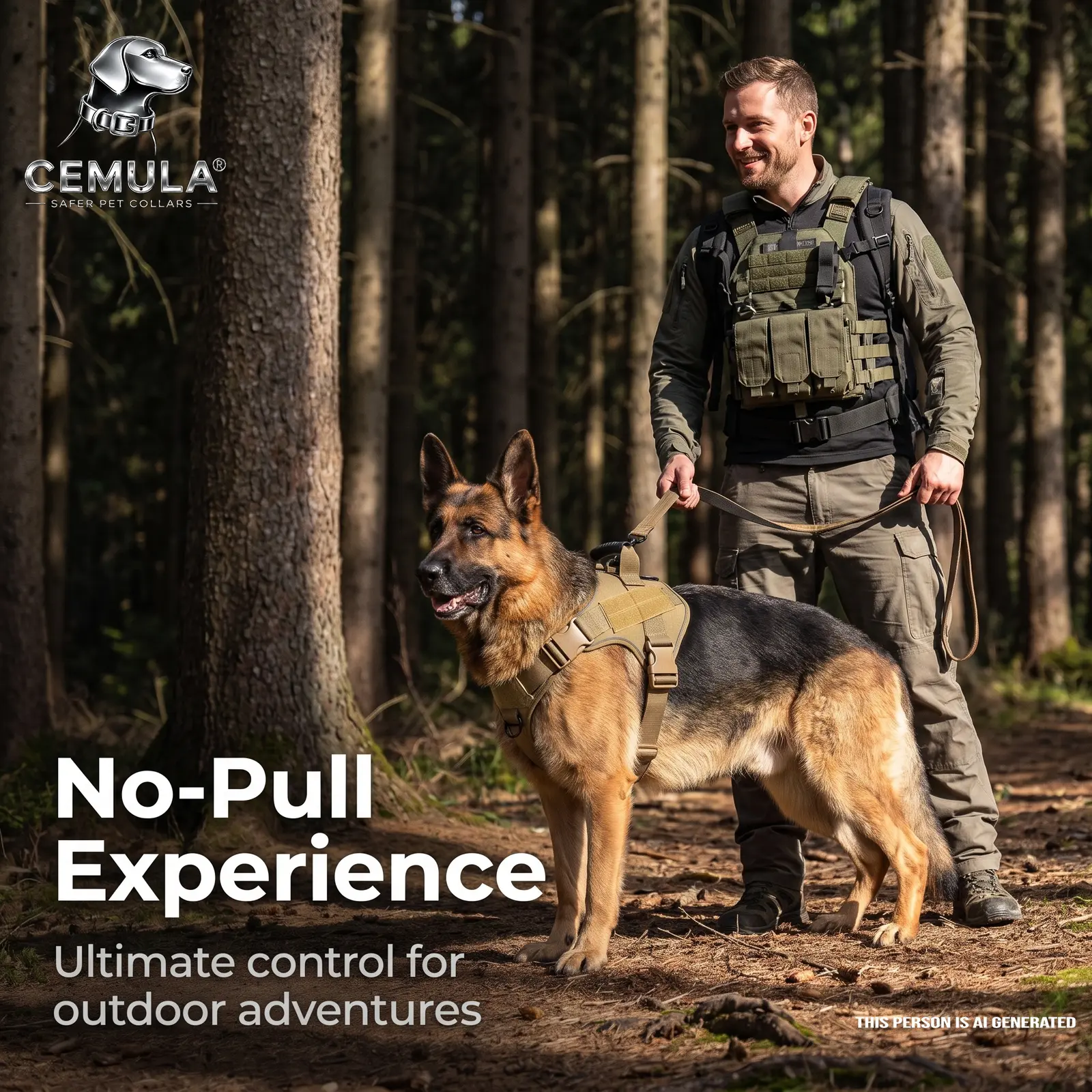 Dog wearing the CEMULA tactical harness outdoors