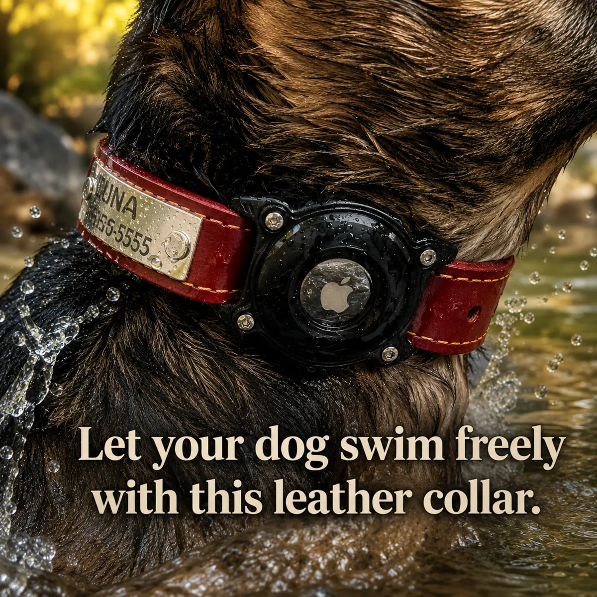 Wet dog wearing a burgundy CEMULA genuine leather recovery collar with engraved ID plate and integrated AirTag holder