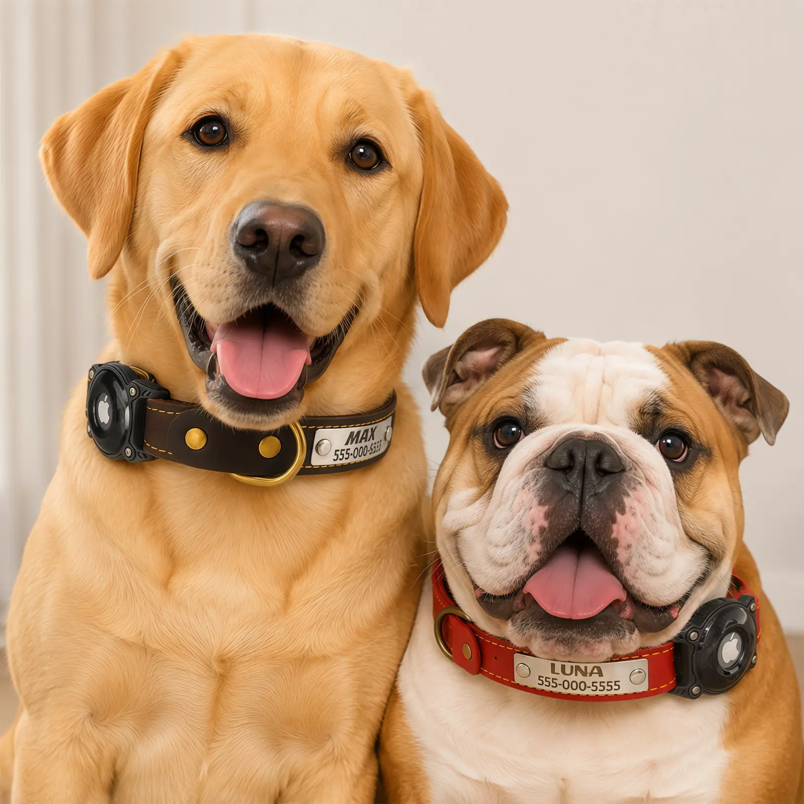 Labrador and English Bulldog wearing personalized CEMULA genuine leather recovery collars with engraved ID plates and integrated AirTag holders
