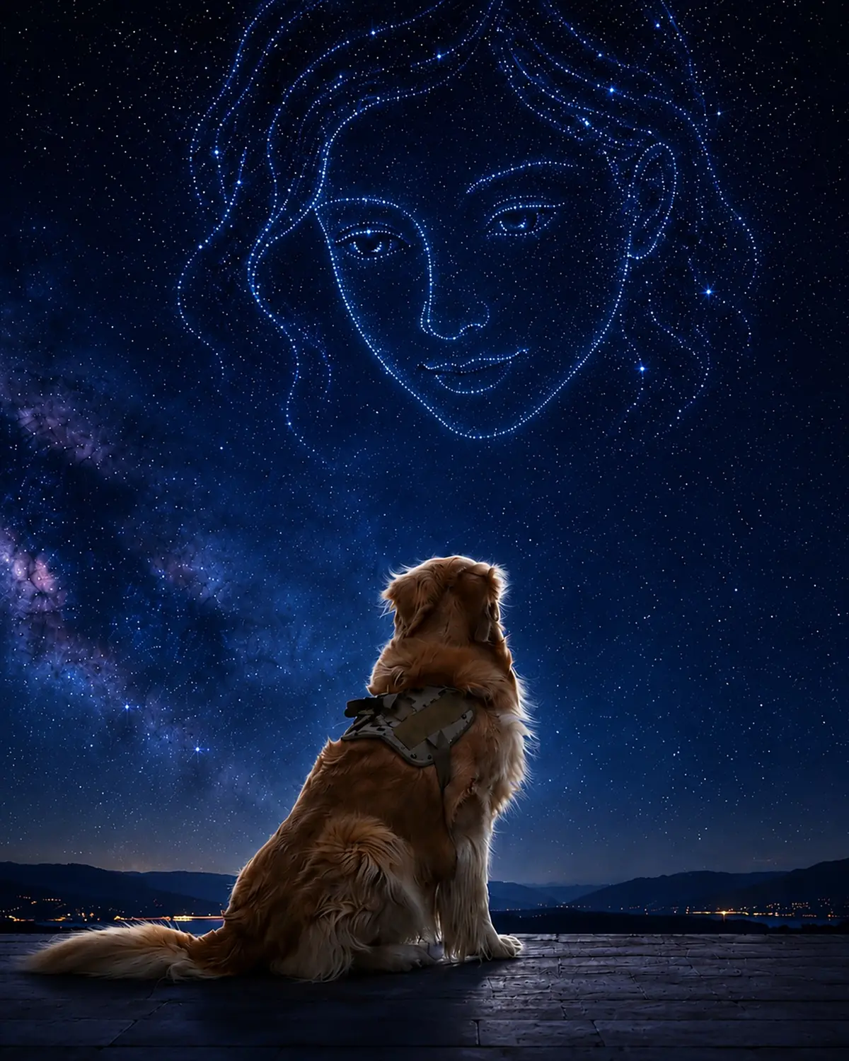 A dog looking toward a beloved companion remembered among the stars